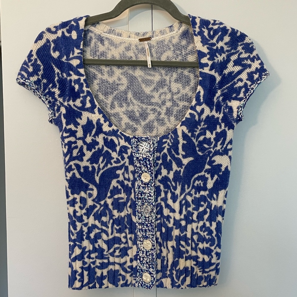 Free People Cropped Blue and Cream Sweater